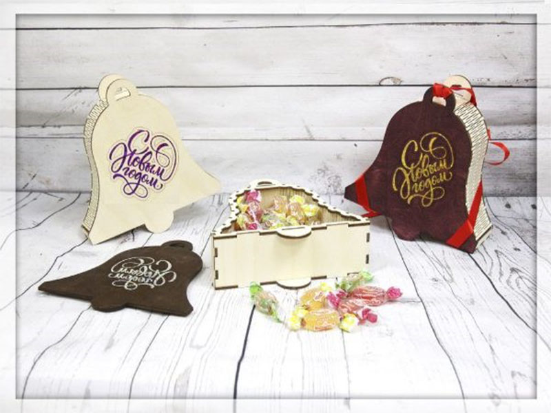 Laser Cut Wooden Bells Shaped Christmas and New Year Gift Box Design