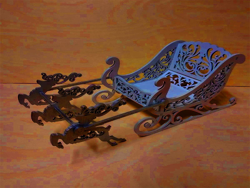 Laser Cut Plywood Decorative Sleigh with Reindeer for Christmas Decoration