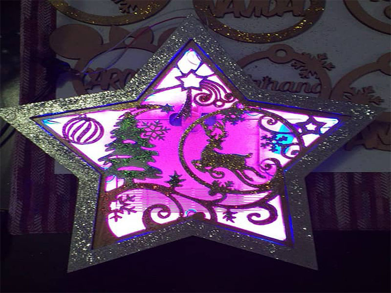 Laser Cut Christmas Star Lamp Decoration with Reindeer and Tree Design