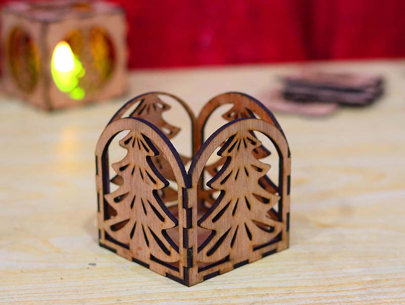 Laser Cut Christmas Tealight Holder Box with Christmas Tree Decoration