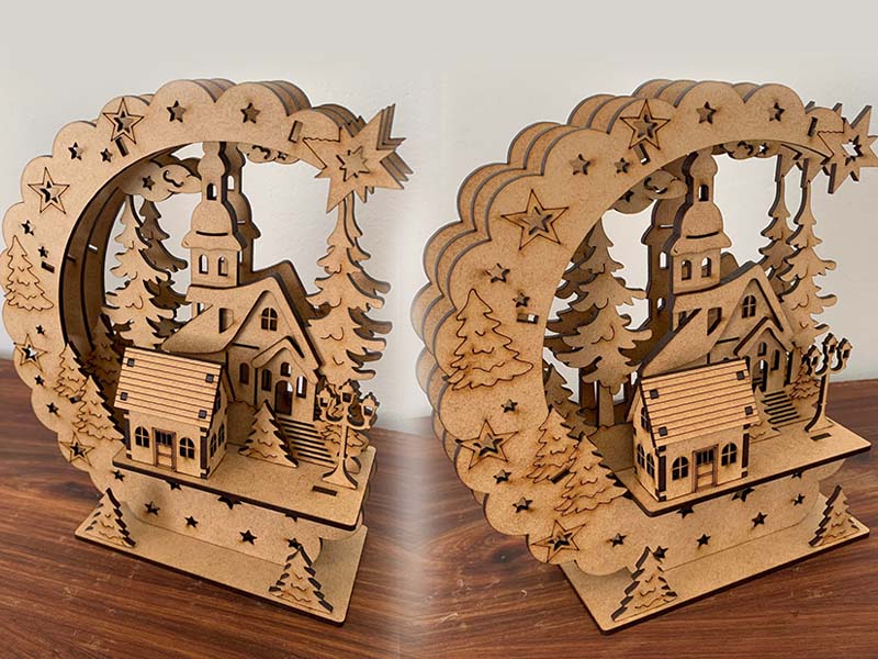 Laser Cut Wooden Moon House Christmas Lamp Design