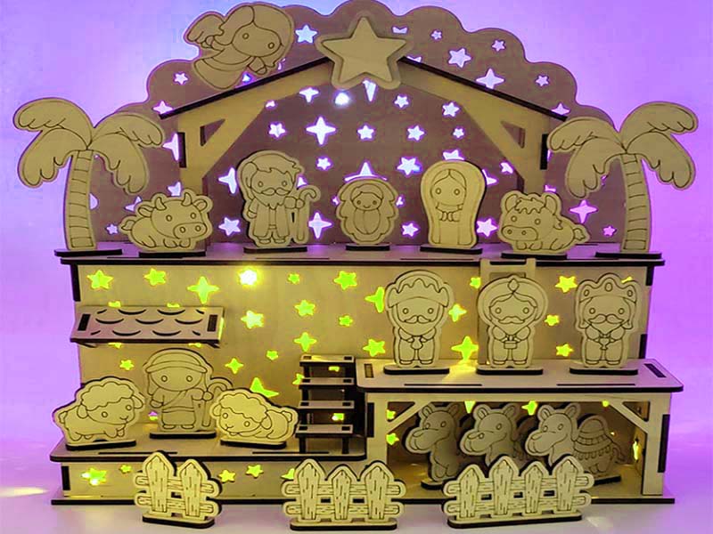 Laser Cut Wooden Christmas Nativity Scene with LED Lighting