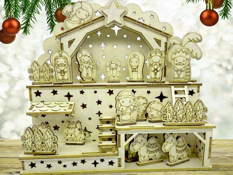 Laser Cut Wooden Christmas Nativity Scene with LED Lighting