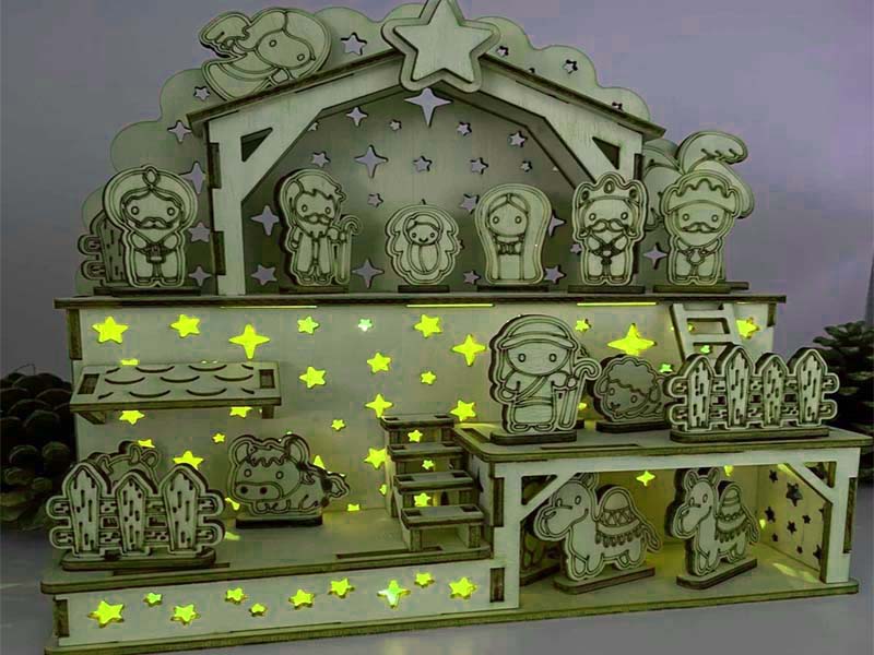 Laser Cut Wooden Christmas Nativity Scene with LED Lighting