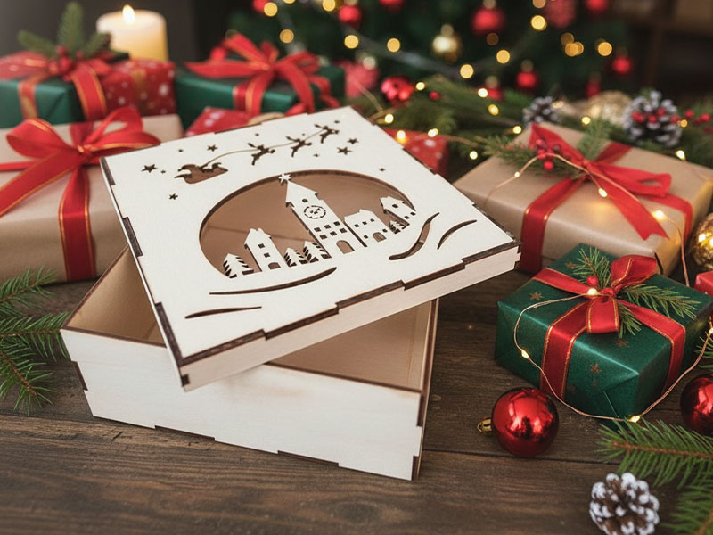 Laser Cut Christmas Themed Design Wooden Gift Box