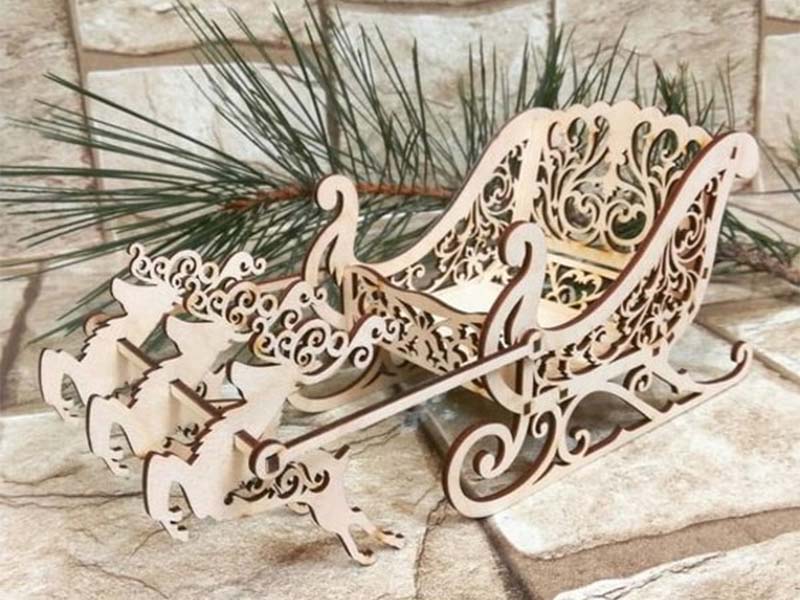 Laser Cut Santa Sleigh with Reindeer Christmas Decoration