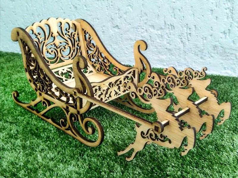 Laser Cut Santa Sleigh with Reindeer Christmas Decoration