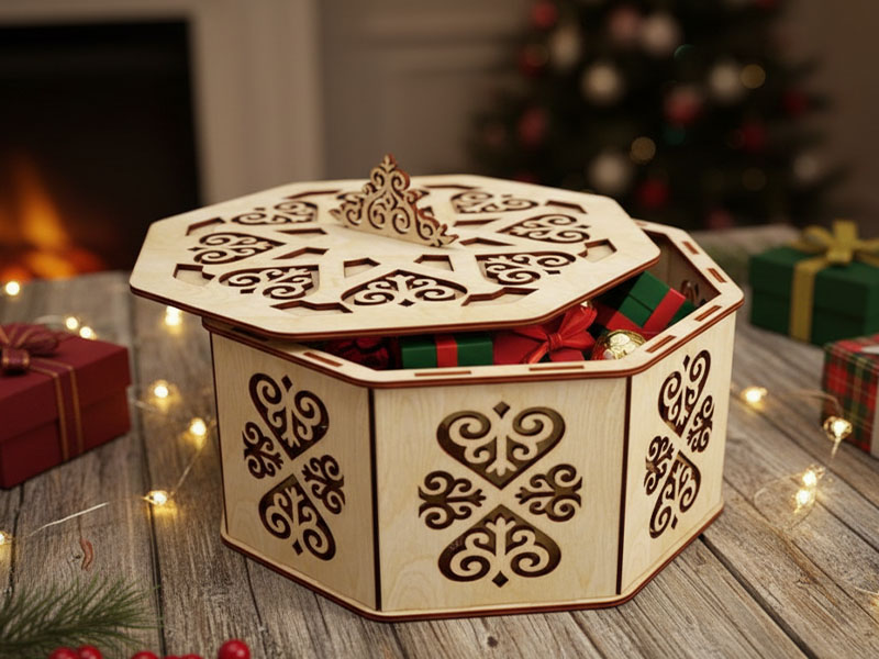 Laser Cut Wooden Christmas Gift Box with Lid