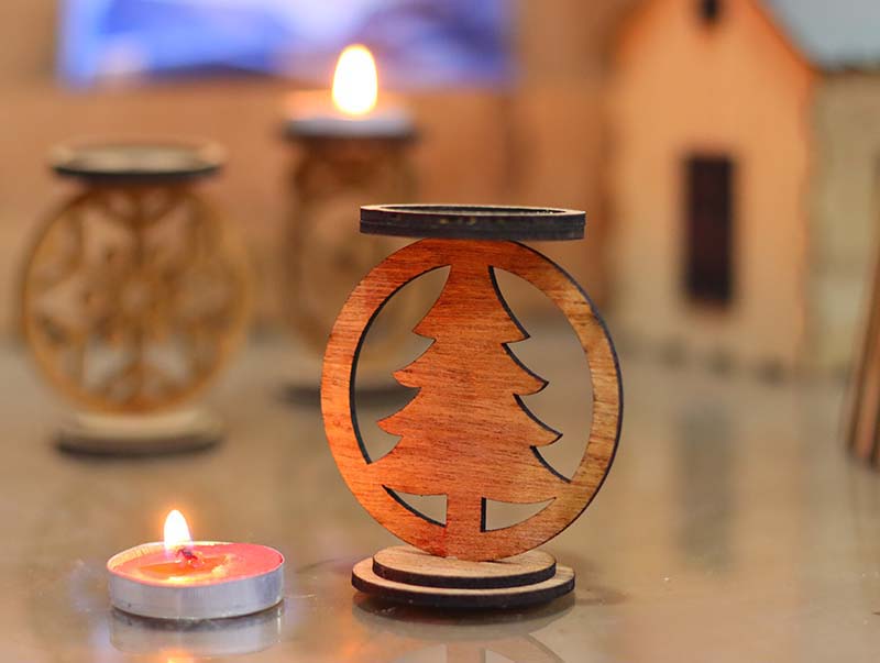 Laser Cut Wooden Christmas Tree Candle Holder for Decoration