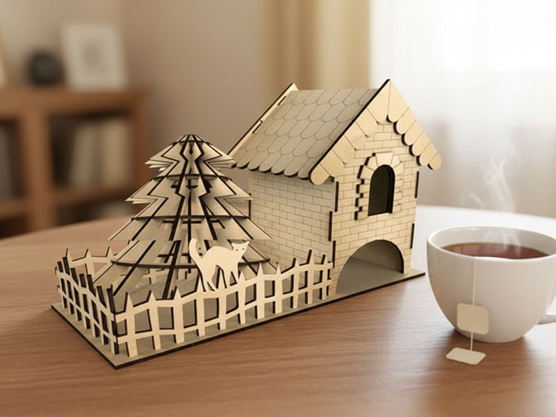 Laser Cut 3D Wooden Tea House with Christmas Tree Decoration