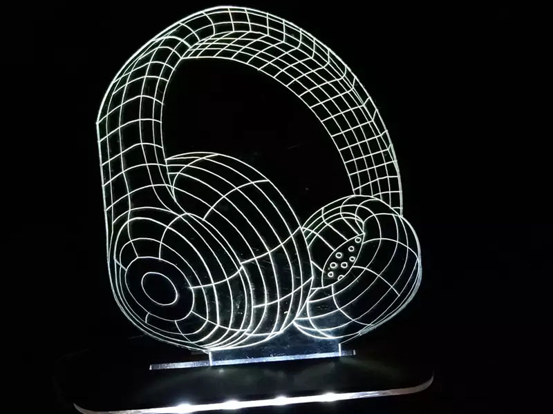 Laser Cut 3D Illusion Headphone Shape Acrylic LED Lamp and Base
