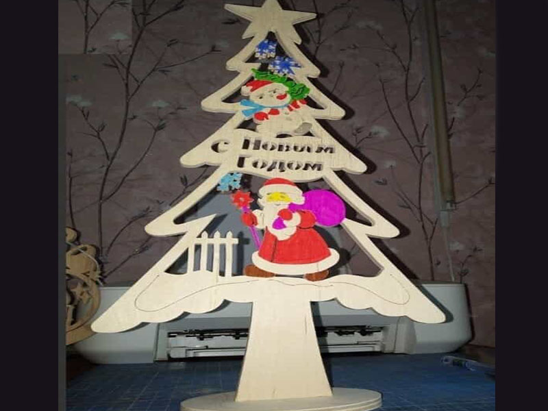 Laser Cut Christmas Tree with Santa Claus and a Snowman