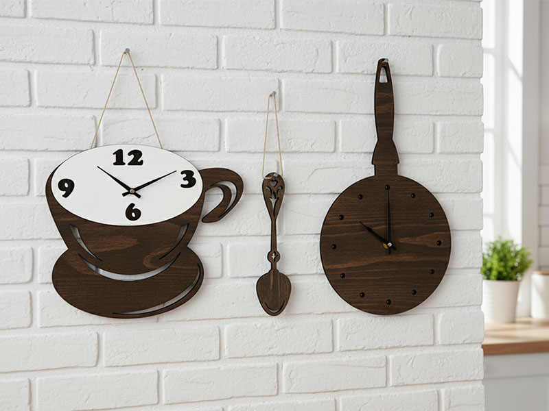 Laser Cut Kitchen Theme Wooden Wall Clock Set