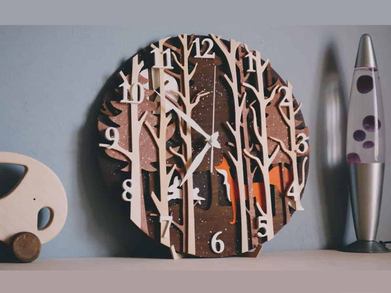 Laser Cut Wooden Wall Clock Woodland Scene with Trees and a Fox