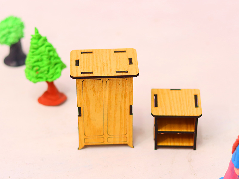 Laser Cut Almirah and Bed Side Table Dollhouse Furniture Set