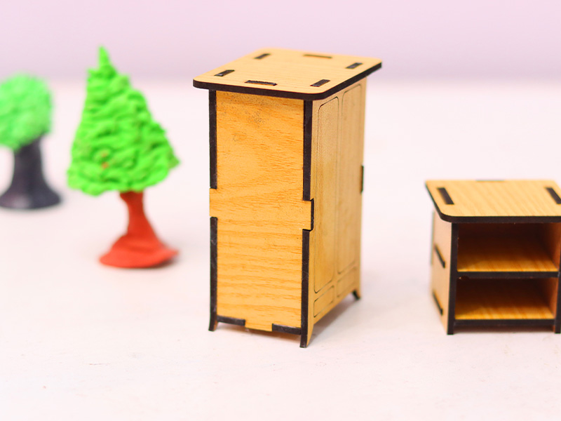 Laser Cut Almirah and Bed Side Table Dollhouse Furniture Set