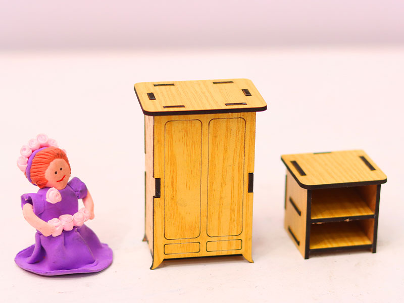 Laser Cut Almirah and Bed Side Table Dollhouse Furniture Set