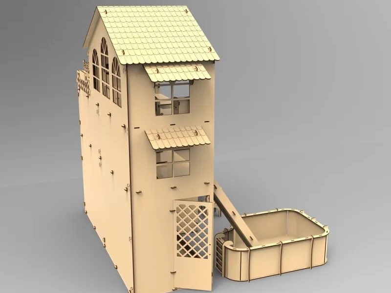 Laser Cut Dollhouse Model with Miniature Furniture and Pool