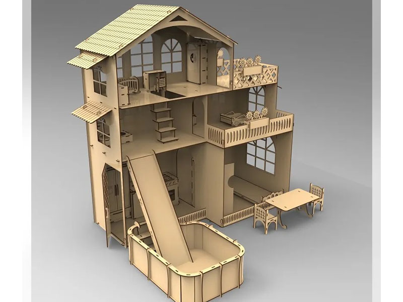 Laser Cut Dollhouse Model with Miniature Furniture and Pool