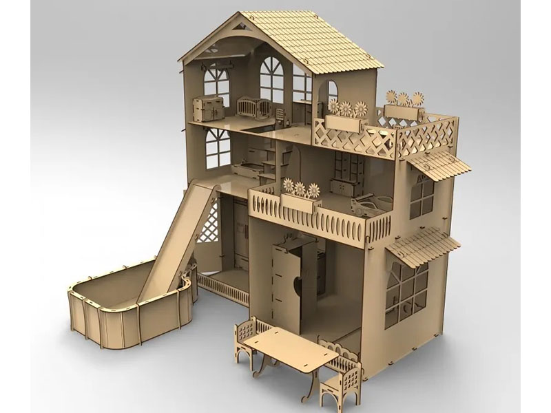 Laser Cut Dollhouse Model with Miniature Furniture and Pool