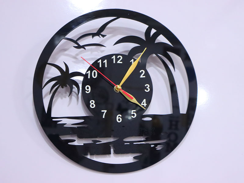 Laser Cut Acrylic Wall Clock Palm Tree and Beach Scene Design