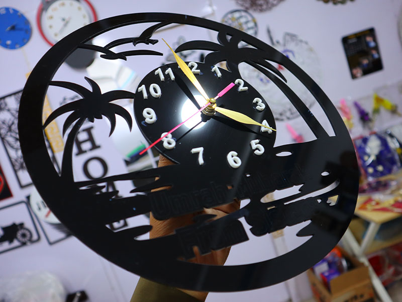 Laser Cut Acrylic Wall Clock Palm Tree and Beach Scene Design