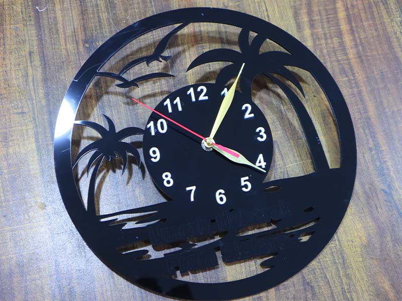 Laser Cut Acrylic Wall Clock Palm Tree and Beach Scene Design