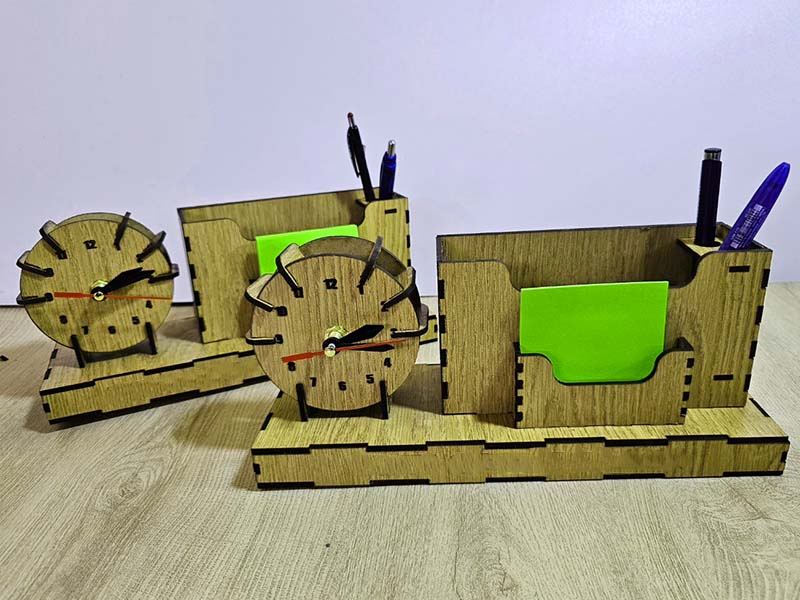 Laser Cut Clock with Pen Holder Stand Office Desk Organizer