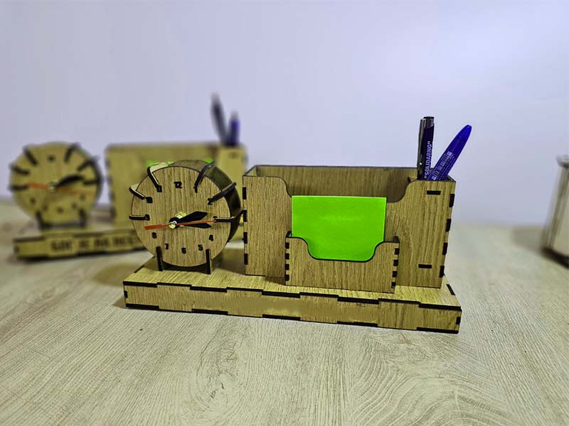 Laser Cut Clock with Pen Holder Stand Office Desk Organizer