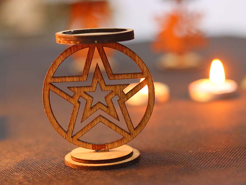 Laser Cut Wooden Tea Light Candle Holder with Pentagram Design