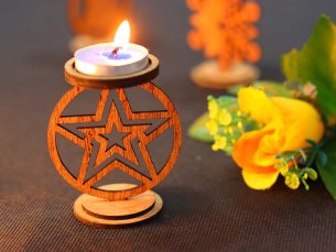Laser Cut Wooden Tea Light Candle Holder with Pentagram Design